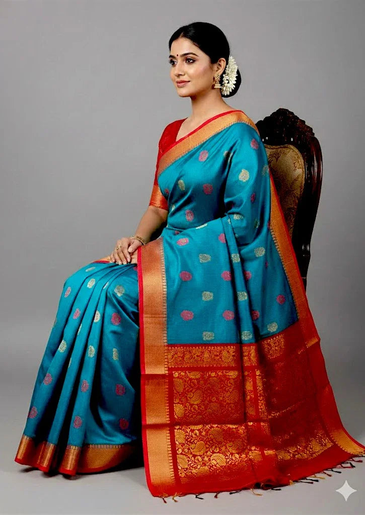 Pure Kuppadam Silk Cotton Saree with Traditional Zari Border and Rich Pallu – Teal & Crimson Red - pochampallysarees.com