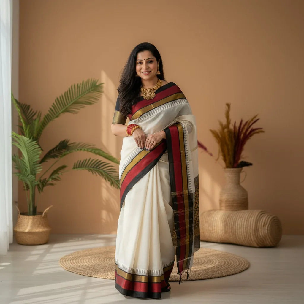 KUPPADAM PATTU BODY CREAM BORDER PALLU AND BLOUSE BLACK SARI - pochampallysarees.com