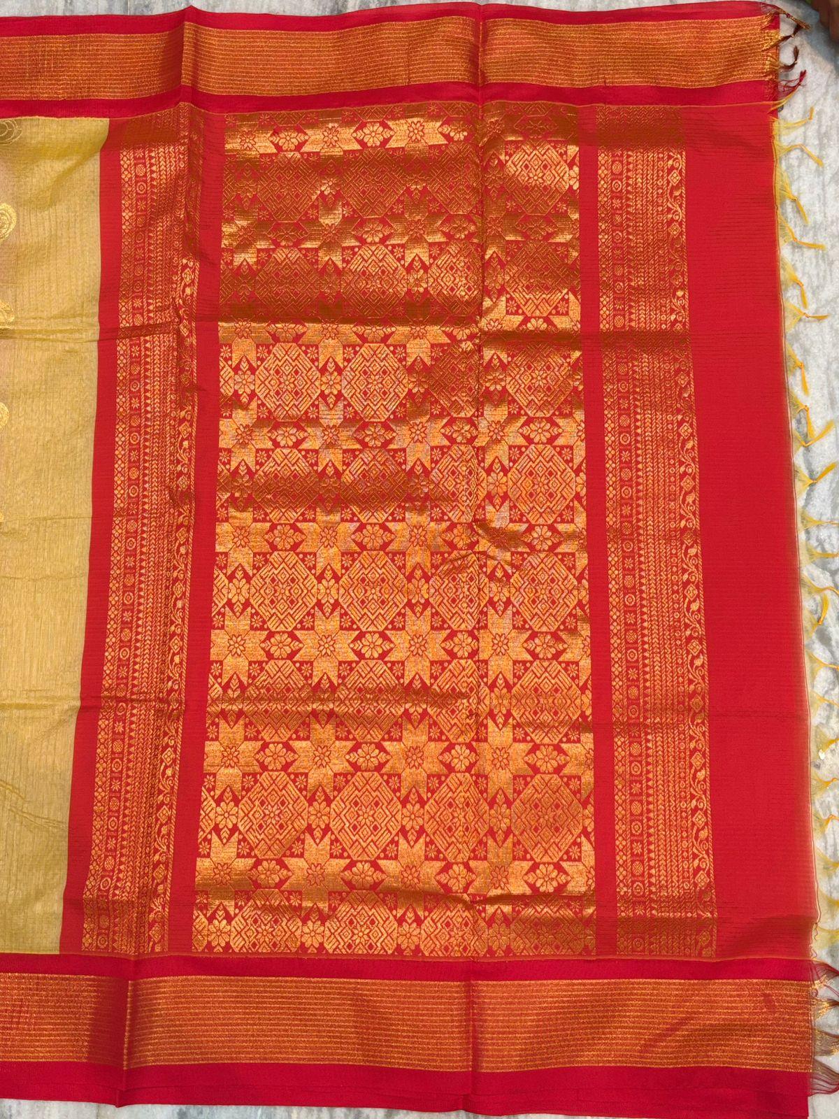 Pure Kuppadam Silk Cotton Saree with Traditional Korvai Zari Border and Rich Pallu – Handwoven Yellow & Red - pochampallysarees.com