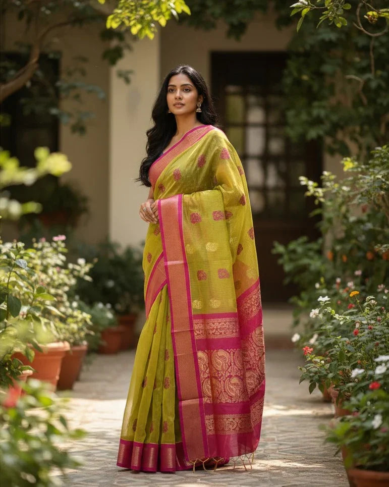 GREEN WITH PINK COLOR KANCHI KUPPADAM SILK COTTON SAREE - pochampallysarees.com