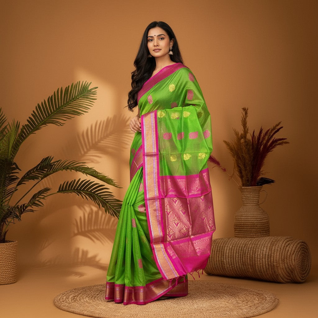 KUPPADAM PATTU BODY PARROT GREEN BORDER AND PALLU PINK SAREE