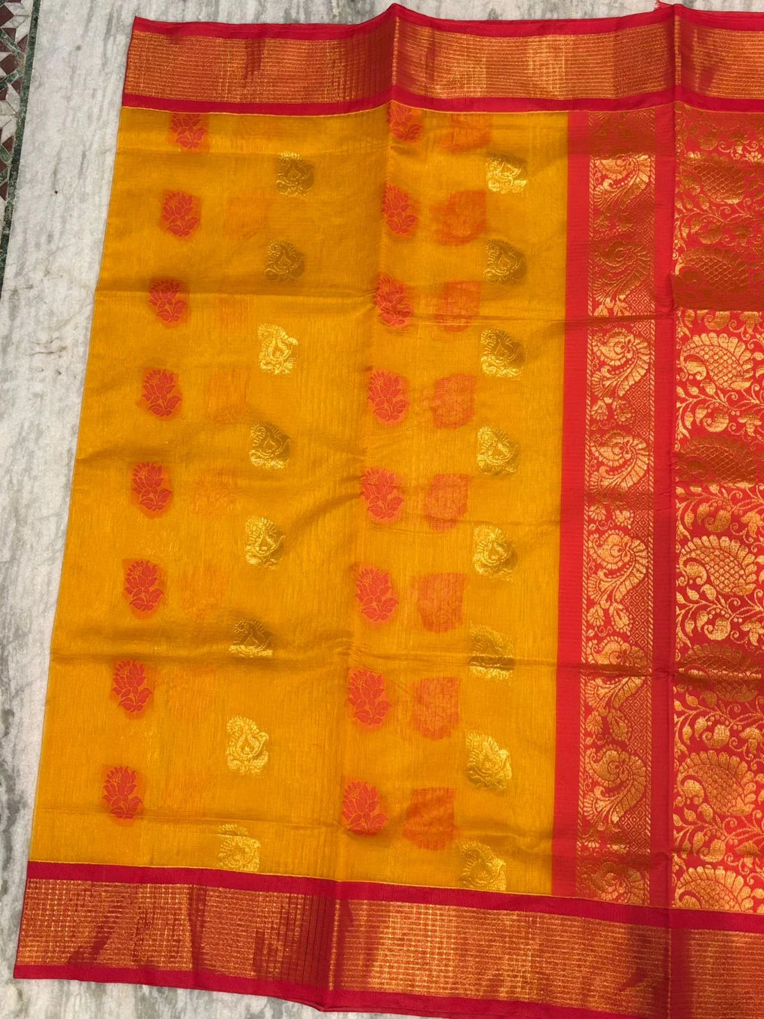 Pure Kuppadam Silk Cotton Saree with Traditional Korvai Zari Border & Rich Pallu – Mustard Yellow & Crimson Red - pochampallysarees.com
