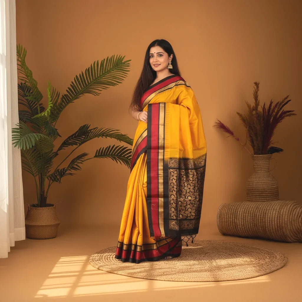 KUPPADAM PATTU BODY YELLOW BORDER PALLU AND BLOUSE BLACK SARI - pochampallysarees.com