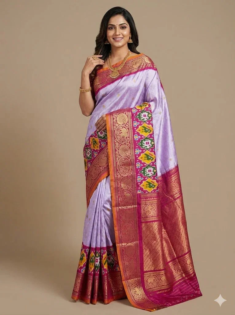 Lavender & Pink Pure Pochampally Kanchi Ikkat Silk Saree with Rich Zari Border | Wedding & Festive Wear - pochampallysarees.com