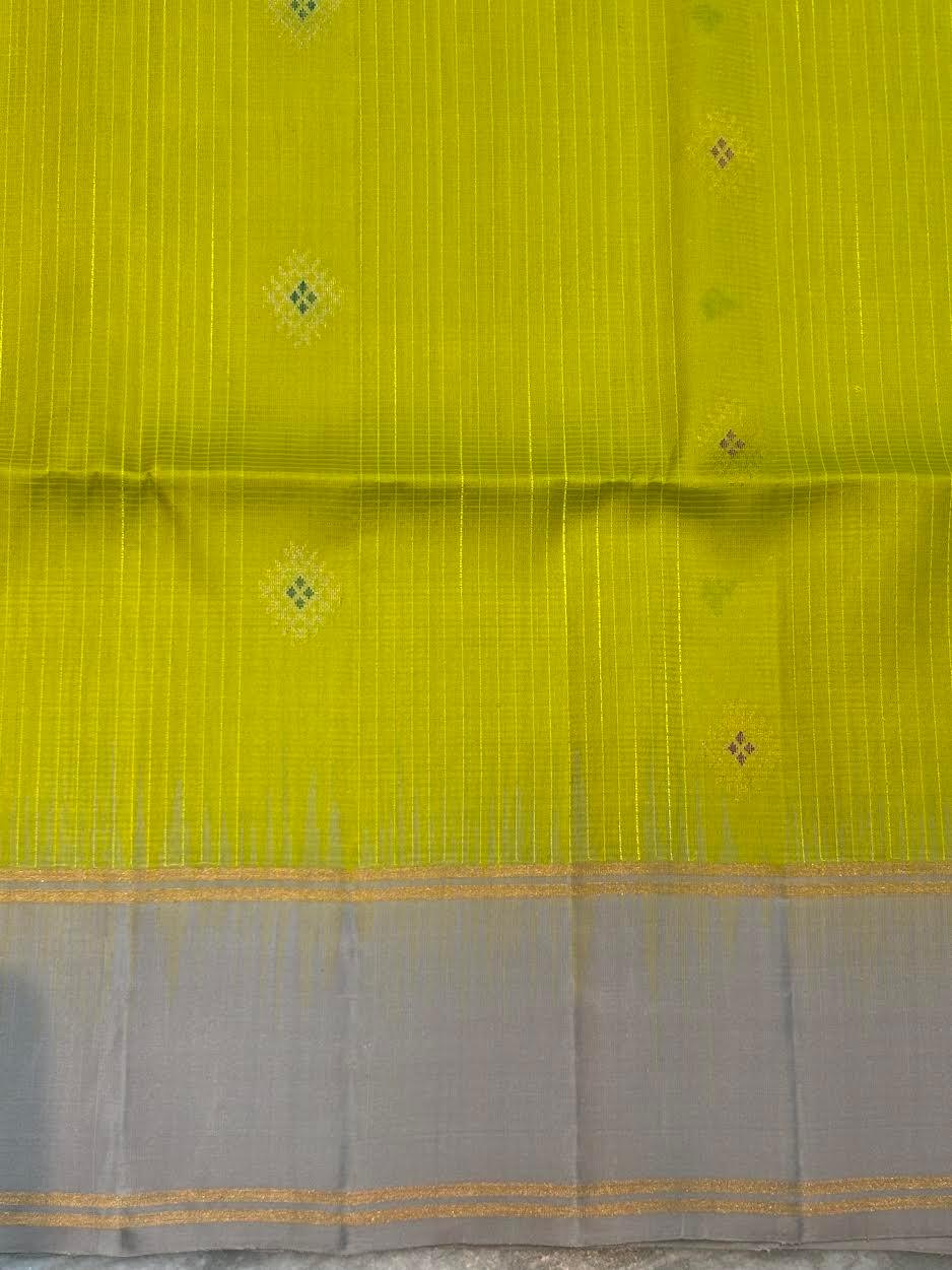 Lime Green Kora Silk Saree with Silver Zari Border & Rich Pallu | Traditional Banarasi Style Festive Wear Saree with Blouse Piece - pochampallysarees.com