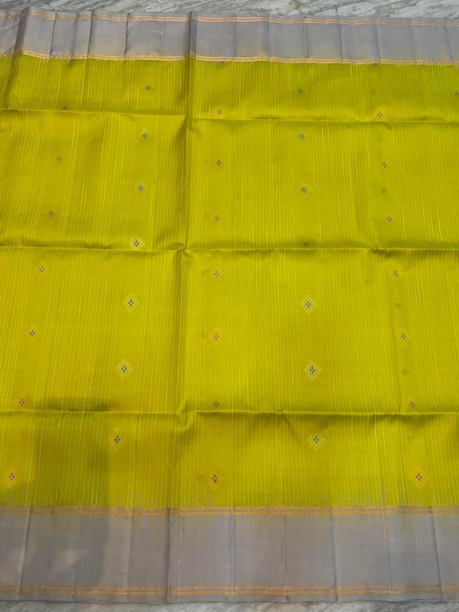 Lime Green Kora Silk Saree with Silver Zari Border & Rich Pallu | Traditional Banarasi Style Festive Wear Saree with Blouse Piece - pochampallysarees.com