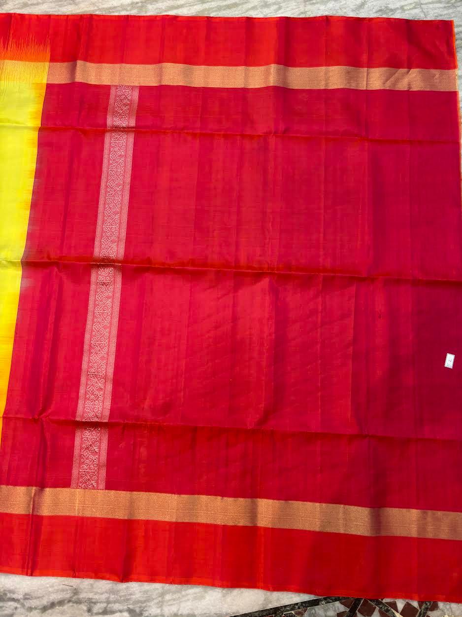 Lime Green & Rust Red Pure Soft Silk Saree | Striped Body with Rich Diagonal Zari Pallu | Traditional Festive Wear - pochampallysarees.com
