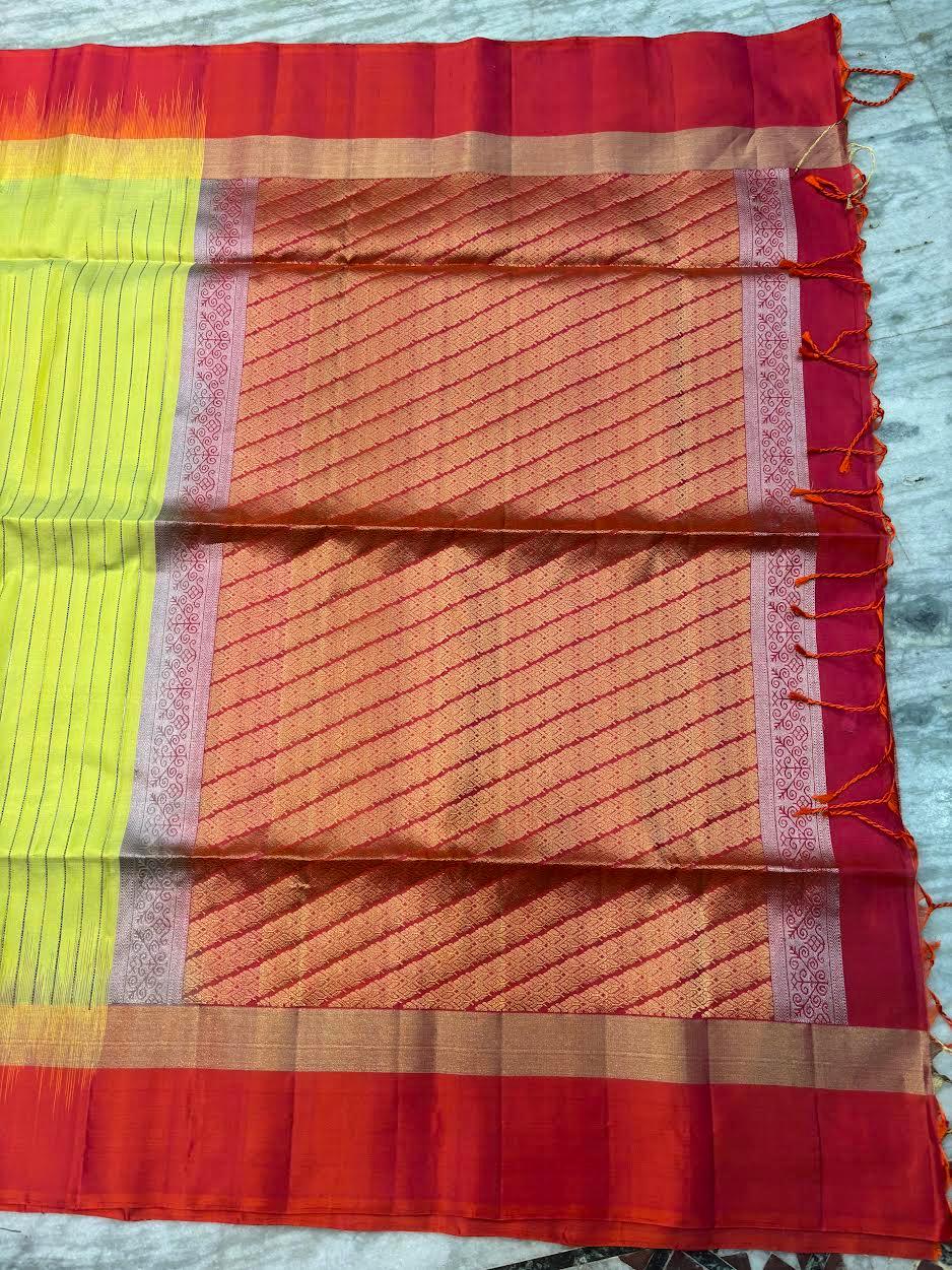 Lime Green & Rust Red Pure Soft Silk Saree | Striped Body with Rich Diagonal Zari Pallu | Traditional Festive Wear - pochampallysarees.com