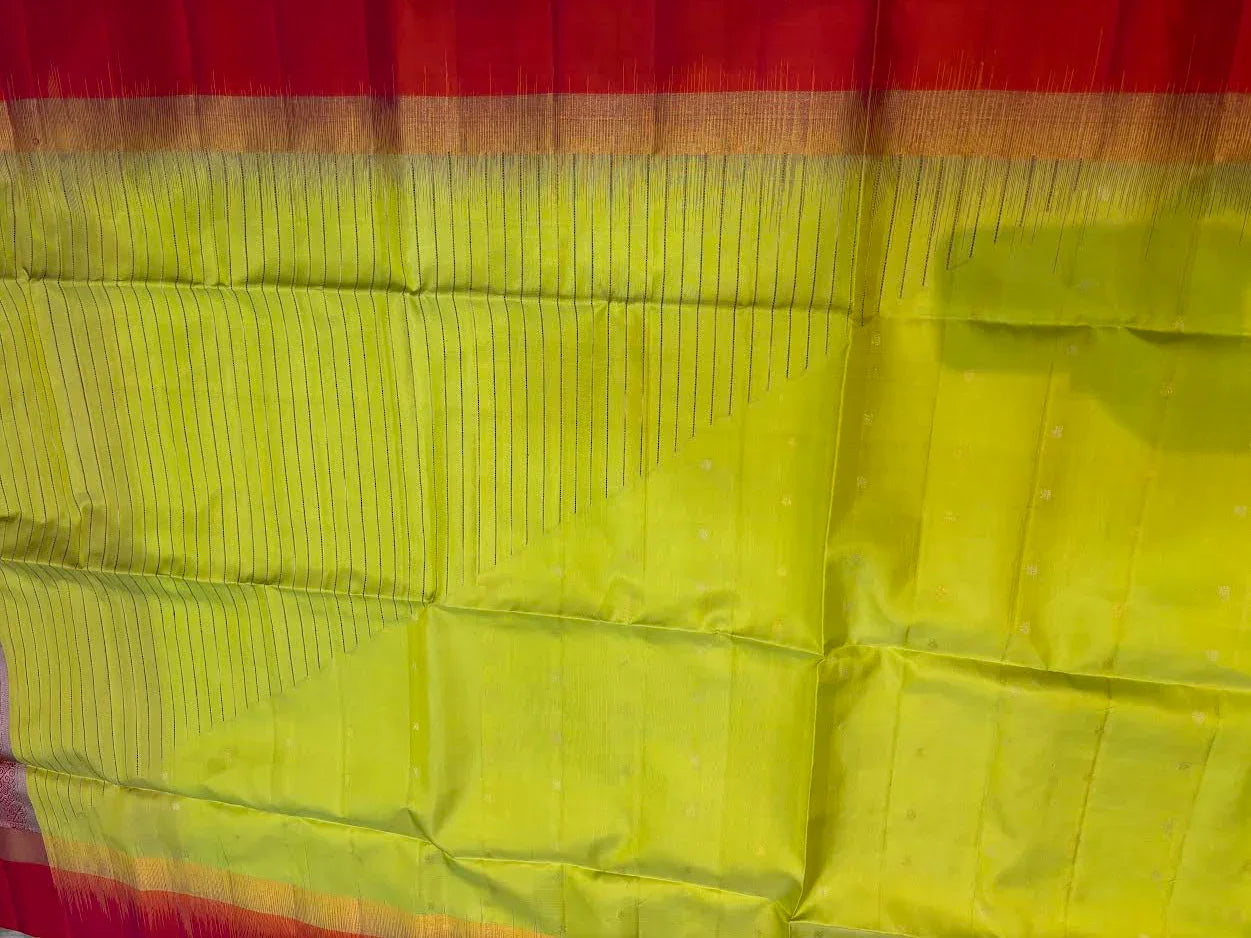 Lime Green & Rust Red Pure Soft Silk Saree | Striped Body with Rich Diagonal Zari Pallu | Traditional Festive Wear - pochampallysarees.com