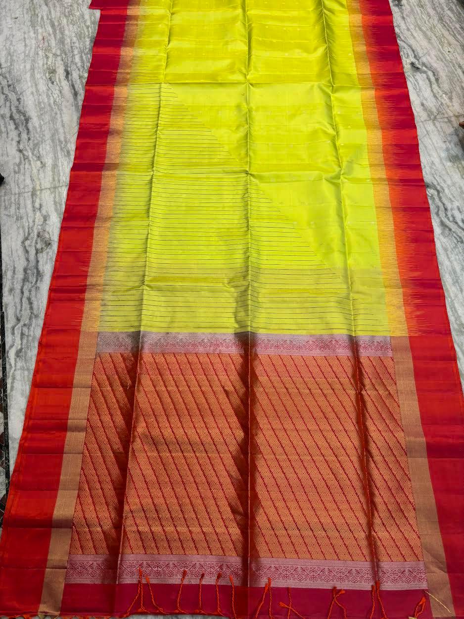 Lime Green & Rust Red Pure Soft Silk Saree | Striped Body with Rich Diagonal Zari Pallu | Traditional Festive Wear - pochampallysarees.com