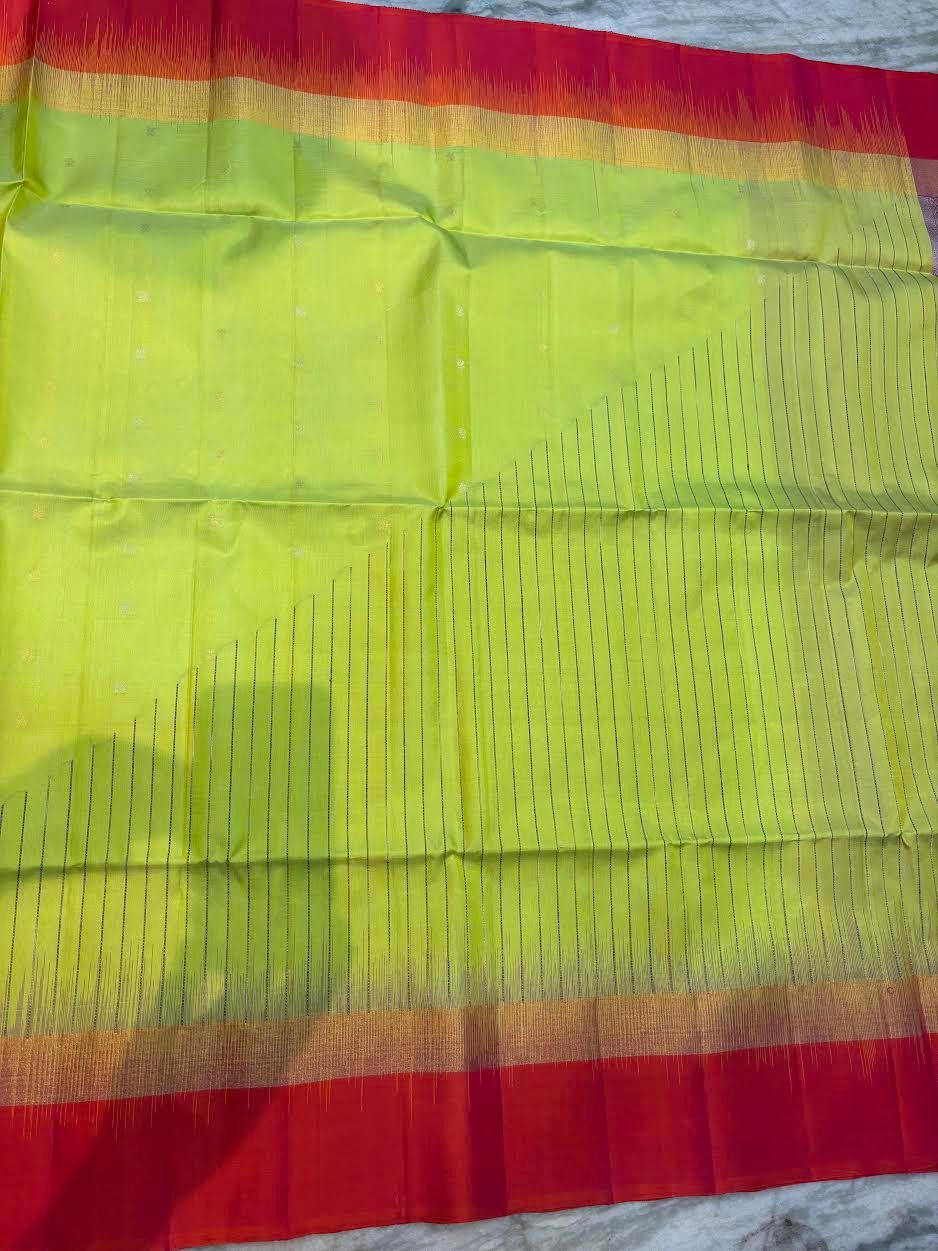 Lime Green & Rust Red Pure Soft Silk Saree | Striped Body with Rich Diagonal Zari Pallu | Traditional Festive Wear - pochampallysarees.com