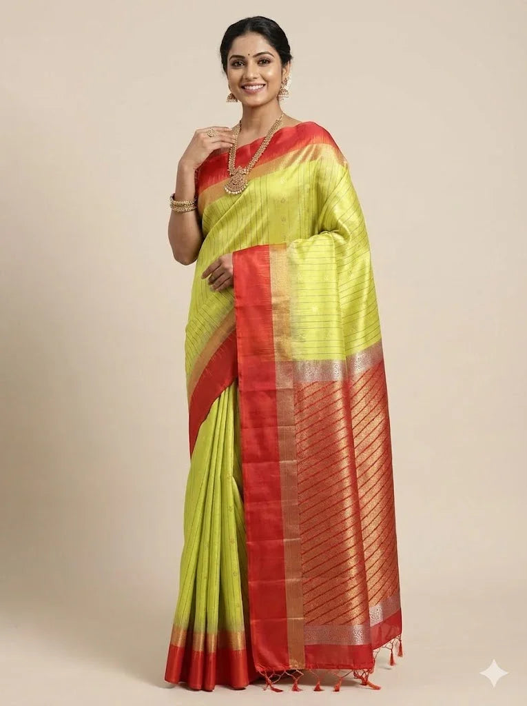 Lime Green & Rust Red Pure Soft Silk Saree | Striped Body with Rich Diagonal Zari Pallu | Traditional Festive Wear - pochampallysarees.com