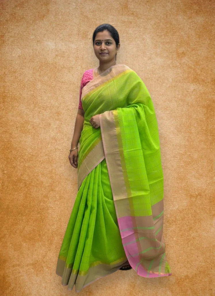 MANGALAGIRI COTTONS BODY PARROT GREEN CHECKS DESIGNER BORDER ZARI PALLU AND BLOUSE RUNNING