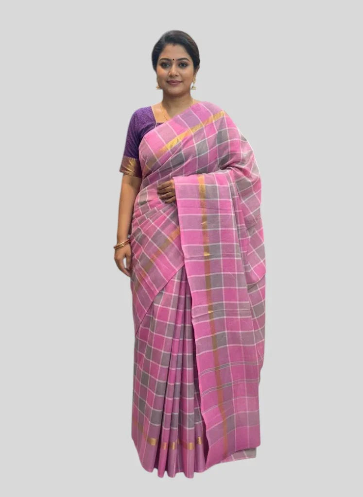 MANGALAGIRI COTTONS BODY PINK CHECKS DESIGNER BORDER ZARI PALLU AND BLOUSE RUNNING