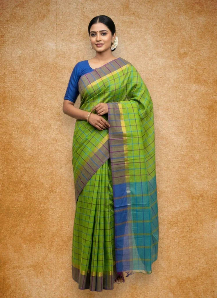 MANGALAGIRI COTTONS BODY PARROT GREEN CHECKS DESIGNER BORDER ZARI PALLU AND BLOUSE RUNNING