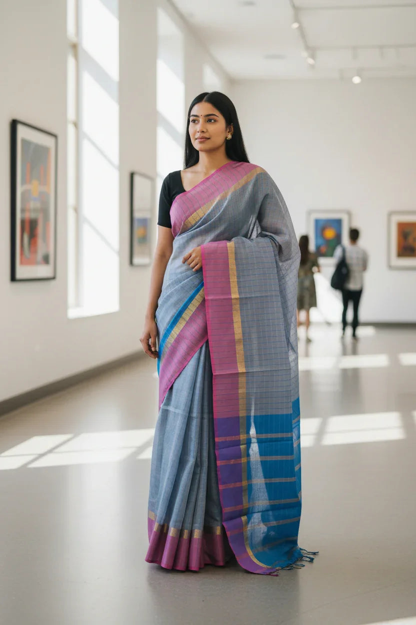 MANGALAGIRI COTTONS BODY SKY BLUE CHECKS DESIGNER BORDER ZARI PALLU AND BLOUSE RUNNING - pochampallysarees.com