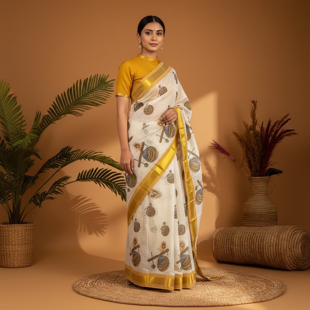 MANGALAGIRI COTTONS BODY CREAM BORDER BROWN PALLU AND BLOUSE RUNNING - pochampallysarees.com