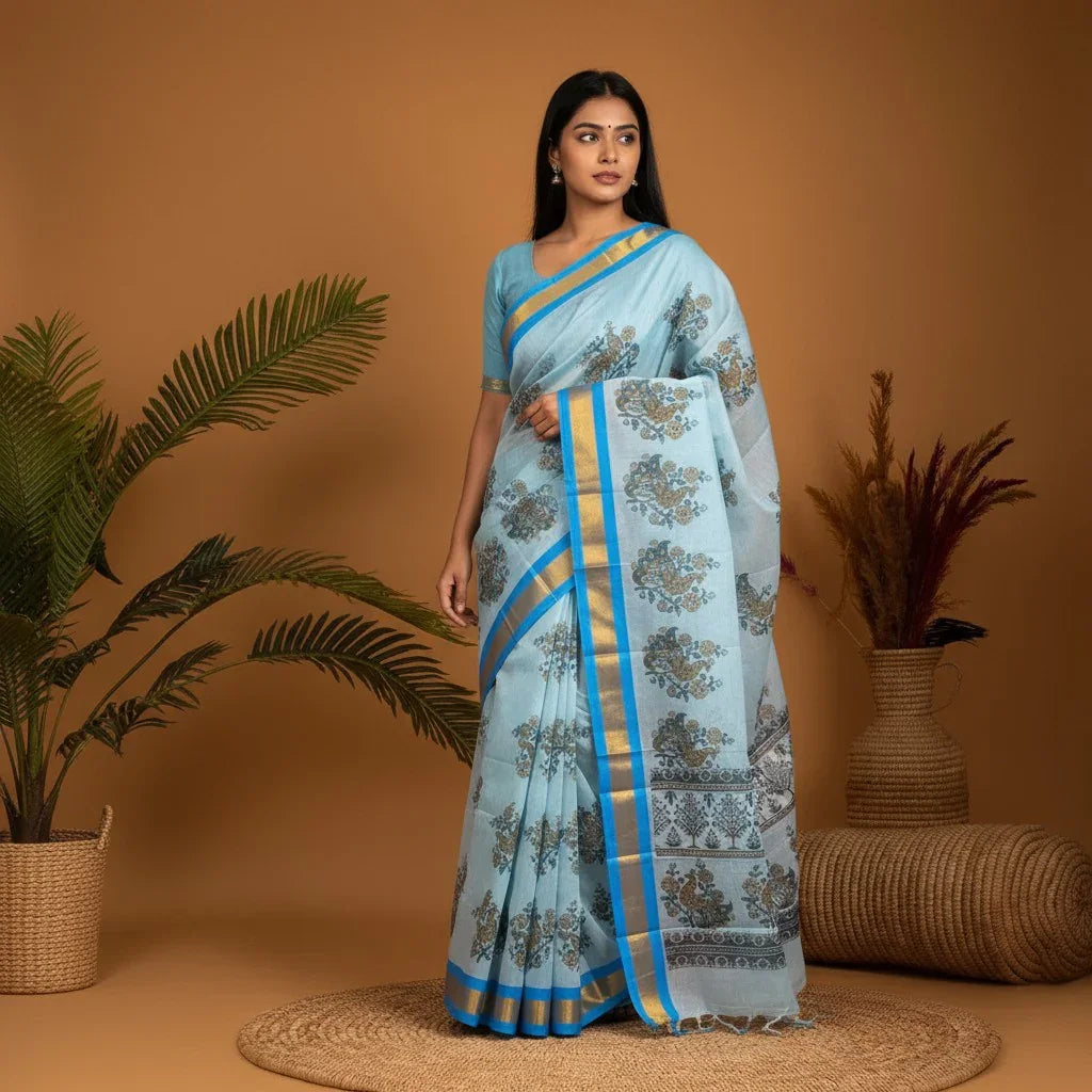 MANGALAGIRI COTTONS BODY LIGHT BLUE BORDER BLUE PALLU AND BLOUSE RUNNING - pochampallysarees.com