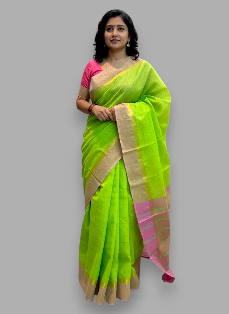 MANGALAGIRI COTTONS BODY PARROT GREEN CHECKS DESIGNER BORDER ZARI PALLU AND BLOUSE RUNNING