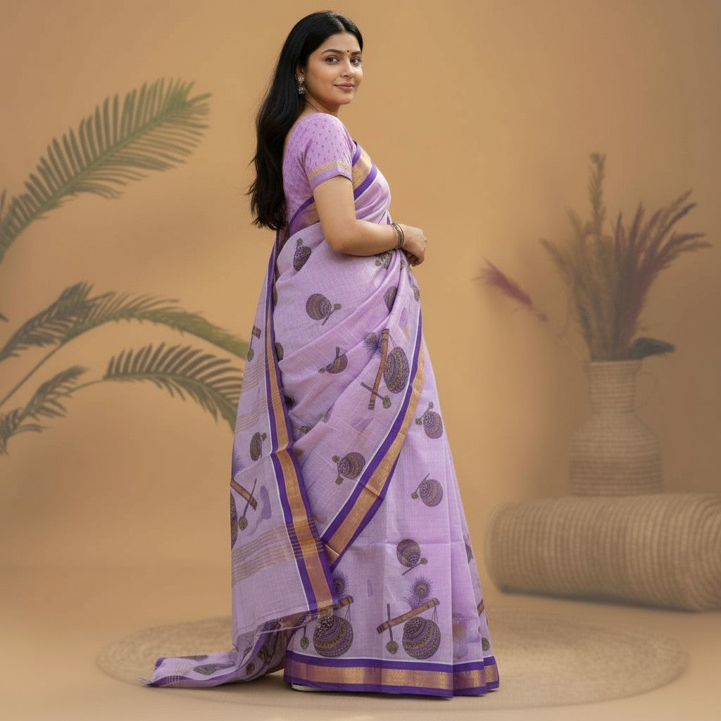 MANGALAGIRI COTTONS BODY PURPLE BORDER LAVENDER PALLU AND BLOUSE RUNNING - pochampallysarees.com