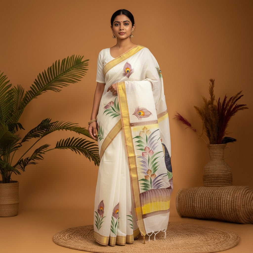 MANGALAGIRI COTTONS BODY CREAM BORDER BROWN PALLU AND BLOUSE RUNNING -456 - pochampallysarees.com