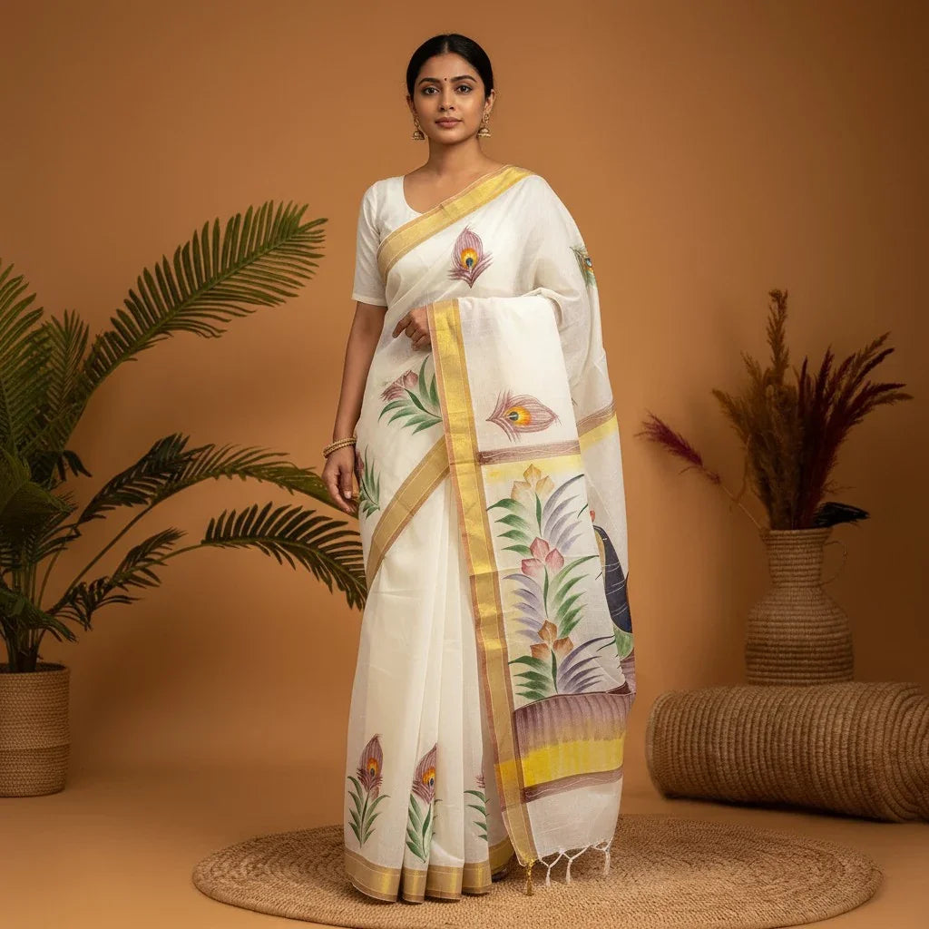 MANGALAGIRI COTTONS BODY CREAM BORDER BROWN PALLU AND BLOUSE RUNNING -456 - pochampallysarees.com