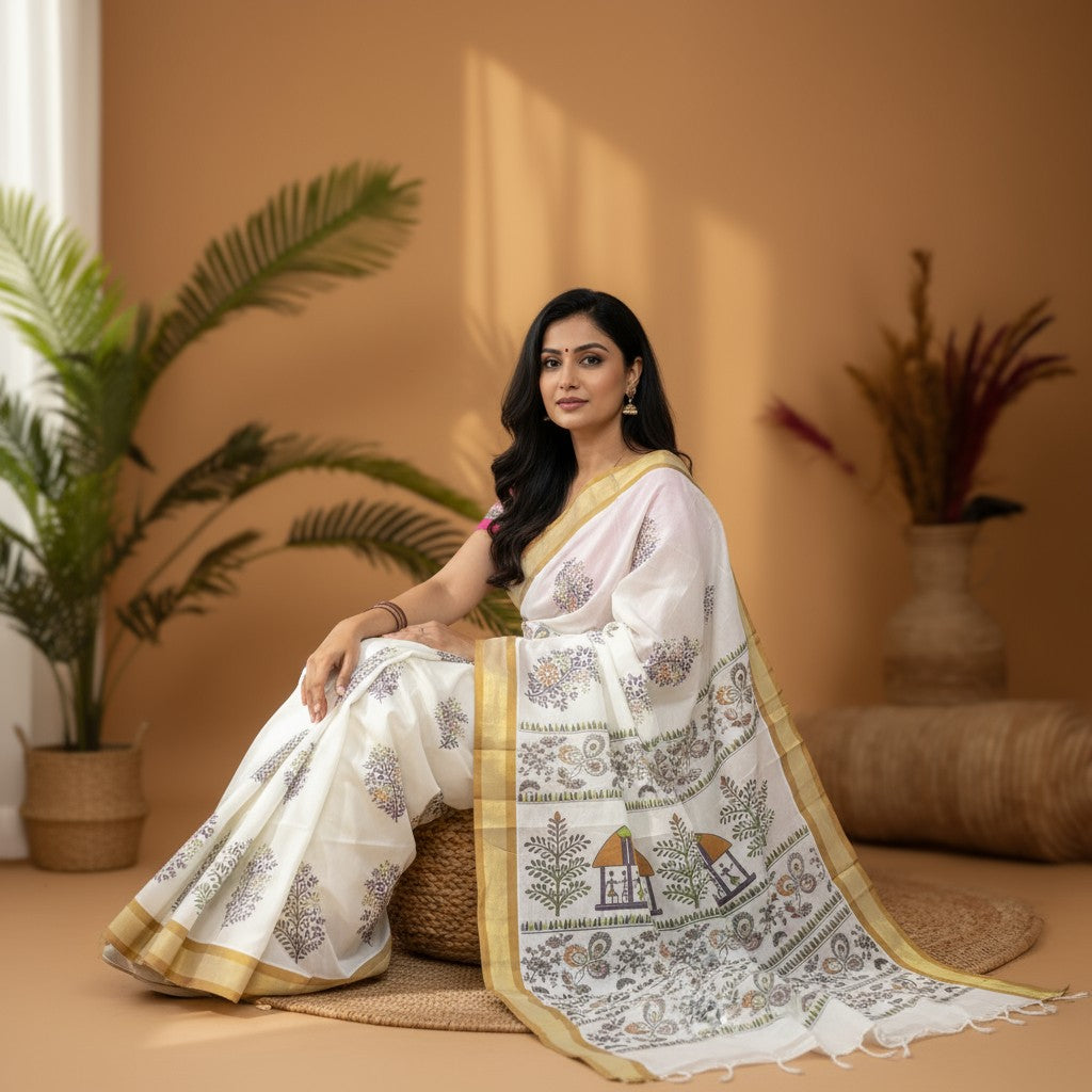 MANGALAGIRI COTTONS BODY WHITE BORDER BROWN PALLU AND BLOUSE RUNNING -451 - pochampallysarees.com