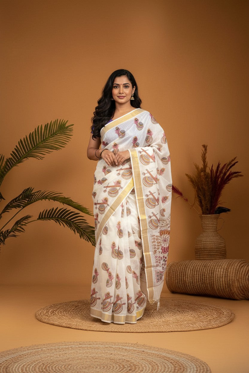 MANGALAGIRI COTTONS BODY WHITE DESIGNER BORDER ZARI PALLU AND BLOUSE RUNNING - pochampallysarees.com