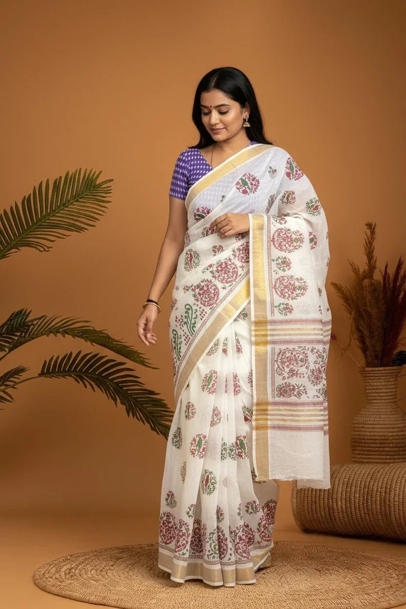 MANGALAGIRI COTTONS BODY WHITE DESIGNER BORDER ZARI PALLU AND BLOUSE RUNNING -a125 - pochampallysarees.com