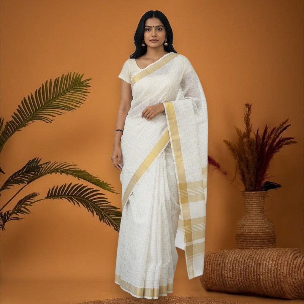 MANGALAGIRI COTTONS BODY WHITE ZARI CHECKS BORDER ZARI PALLU AND BLOUSE RUNNING - pochampallysarees.com