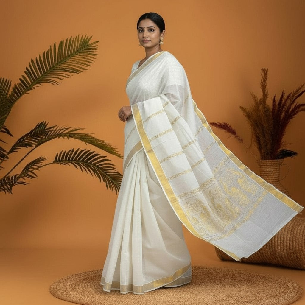 MANGALAGIRI COTTONS BODY WHITE ZARI LINES BORDER ZARI PALLU AND BLOUSE RUNNING - pochampallysarees.com