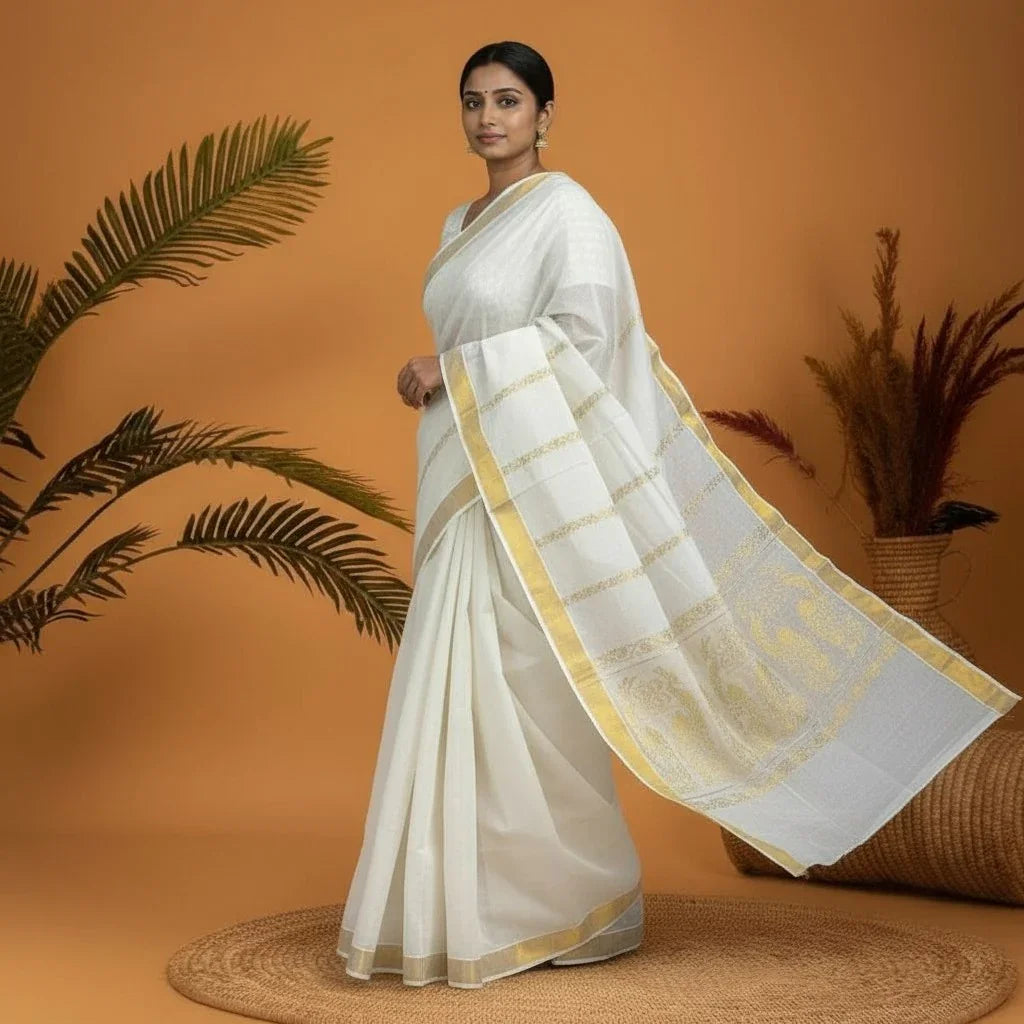 MANGALAGIRI COTTONS BODY WHITE ZARI LINES BORDER ZARI PALLU AND BLOUSE RUNNING - pochampallysarees.com