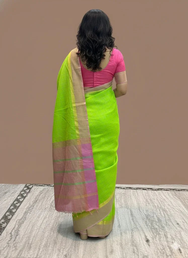 MANGALAGIRI COTTONS BODY PARROT GREEN CHECKS DESIGNER BORDER ZARI PALLU AND BLOUSE RUNNING - pochampallysarees.com