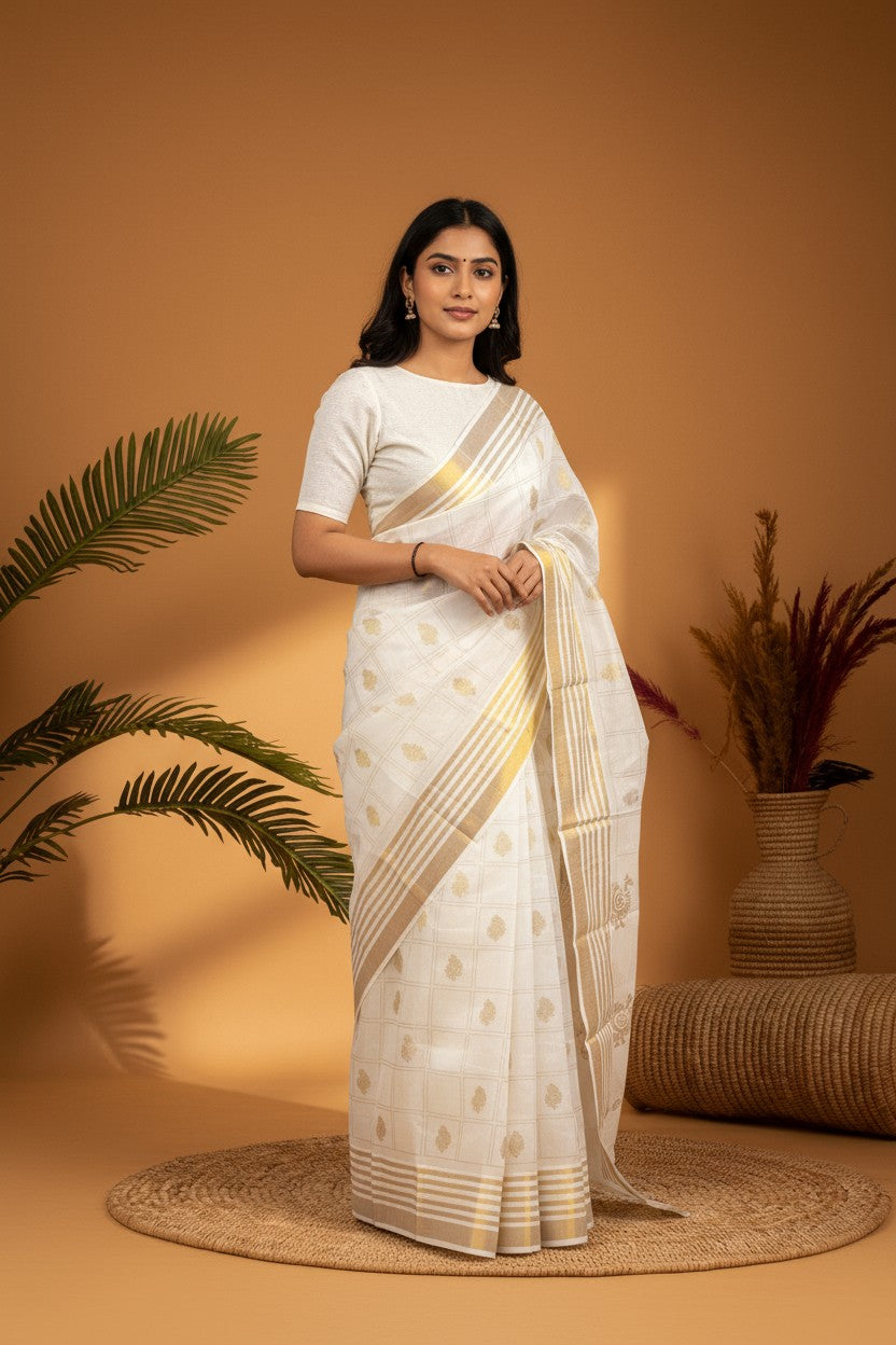 MANGALAGIRI COTTONS BODY WHITE ZARI BORDER ZARI PALLU AND BLOUSE RUNNING - pochampallysarees.com