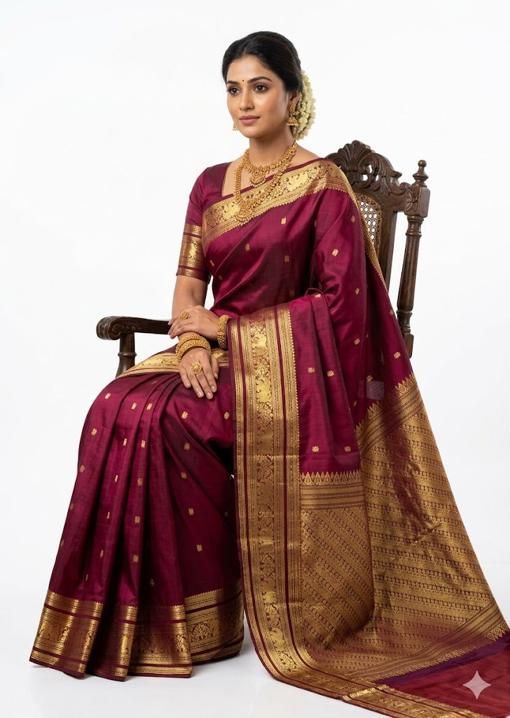 Beautiful woman seated on a wooden chair wearing a traditional deep maroon pure Kanchipuram pattu saree featuring intricate gold zari buttas, a broad elephant motif border, and a rich brocade pallu.
