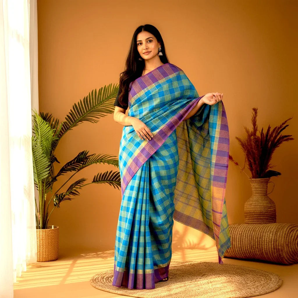 MANGALAGIRI COTTONS BODY YELLOW AND BLUE CHECKS BORDER PURPLE PALLU AND BLOUSE CHECKS - pochampallysarees.com