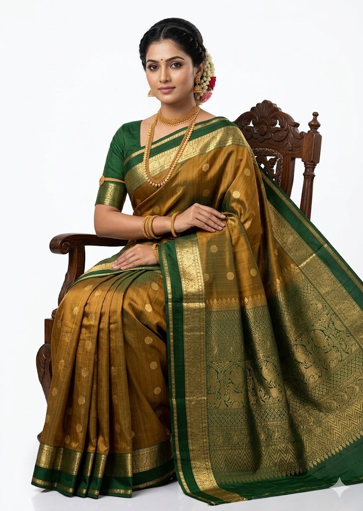 A traditional Indian woman sitting on a wooden chair wearing a pure mustard-gold Kanchipuram pattu saree with a dark green border and heavy gold zari pallu against a white background.