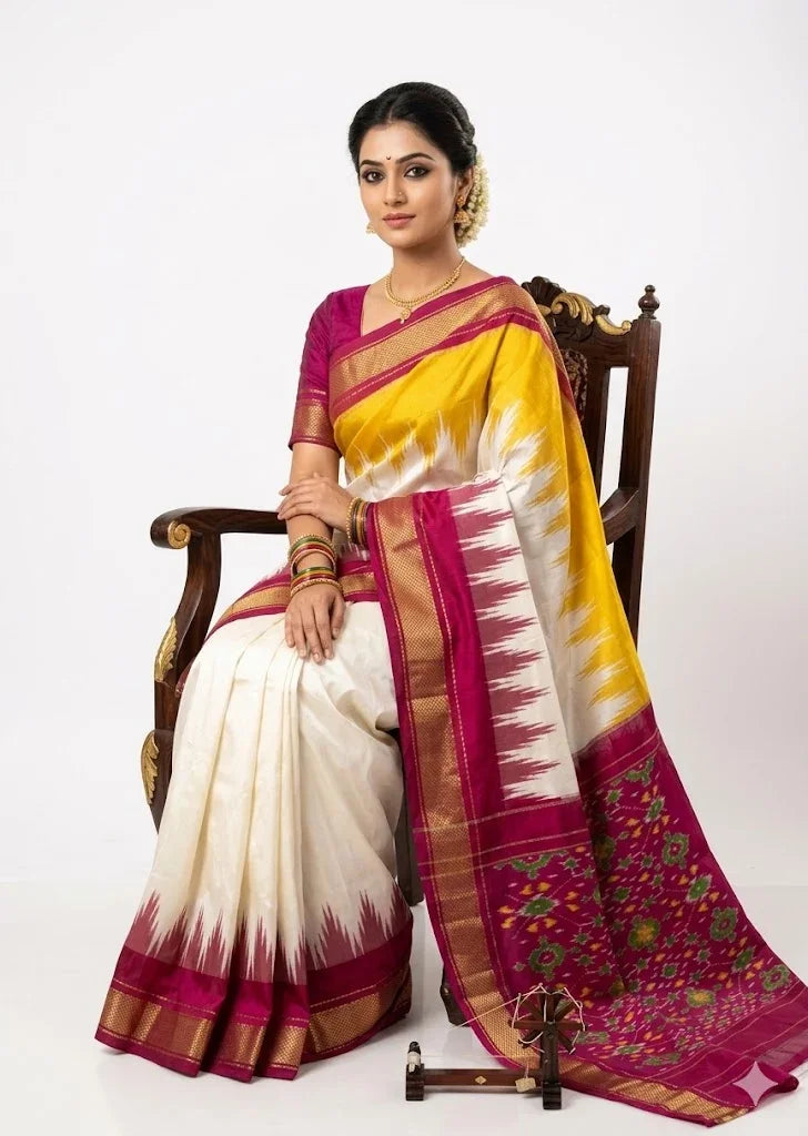 A beautiful traditional Indian woman seated on a carved wooden chair, modeling an off-white and yellow Pochampally Ikkat silk saree with a magenta zari border and intricately woven geometric pallu against a clean white background.