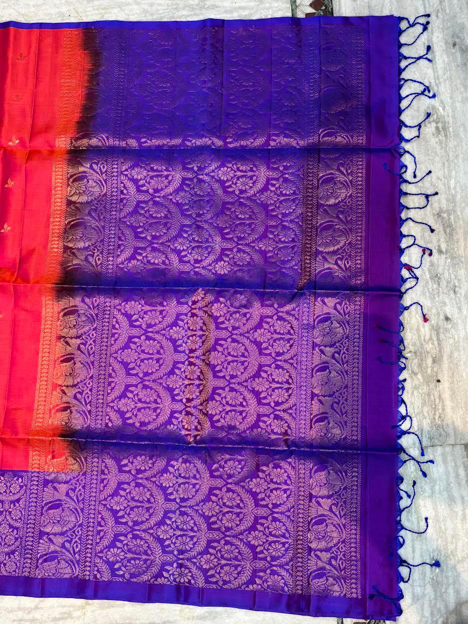 Luxury Soft Silk Saree in Orange & Violet | Gold Zari Butta Design - pochampallysarees.com