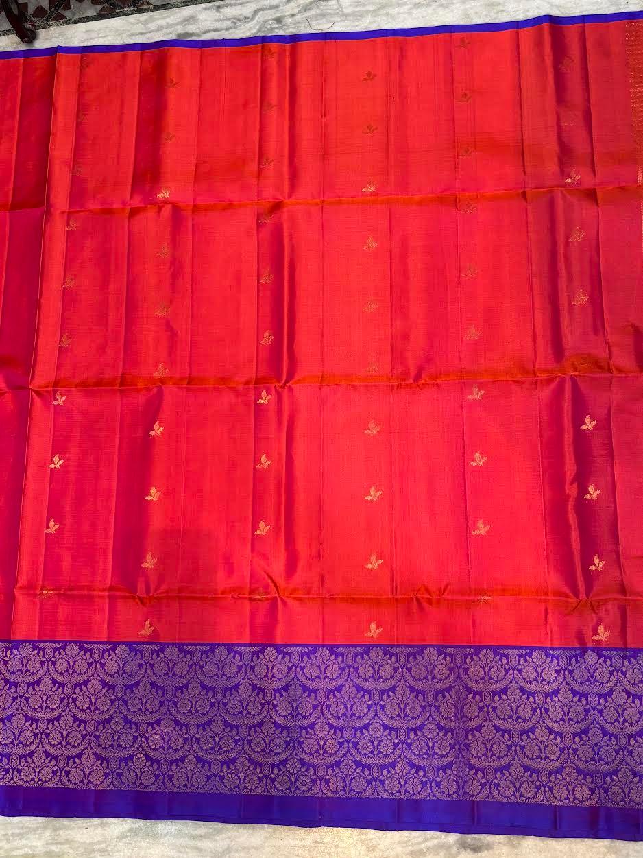 Luxury Soft Silk Saree in Orange & Violet | Gold Zari Butta Design - pochampallysarees.com