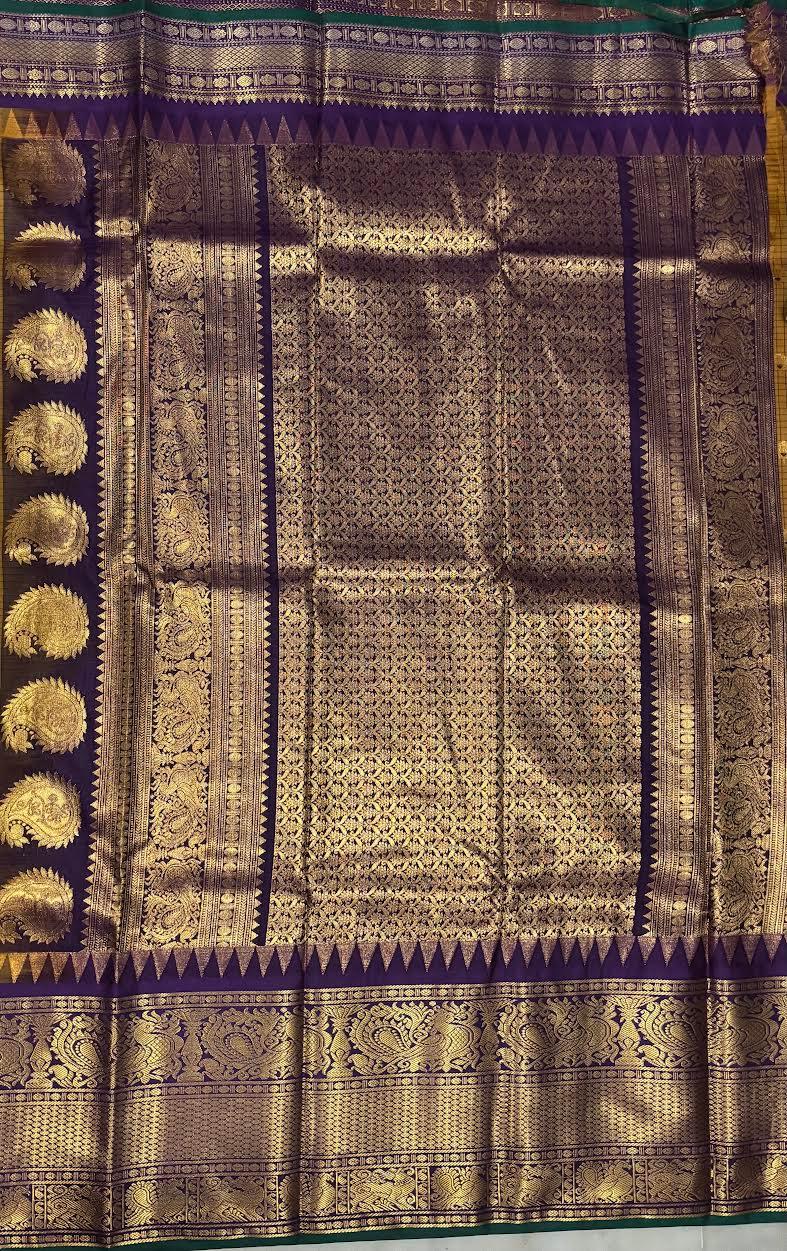 PURE GADWAL SILK BROWN BODY BUTTI CHOCOLATE PALLU BLUE BIG BORDER AND BLOUSE BLUE SAREE - pochampallysarees.com