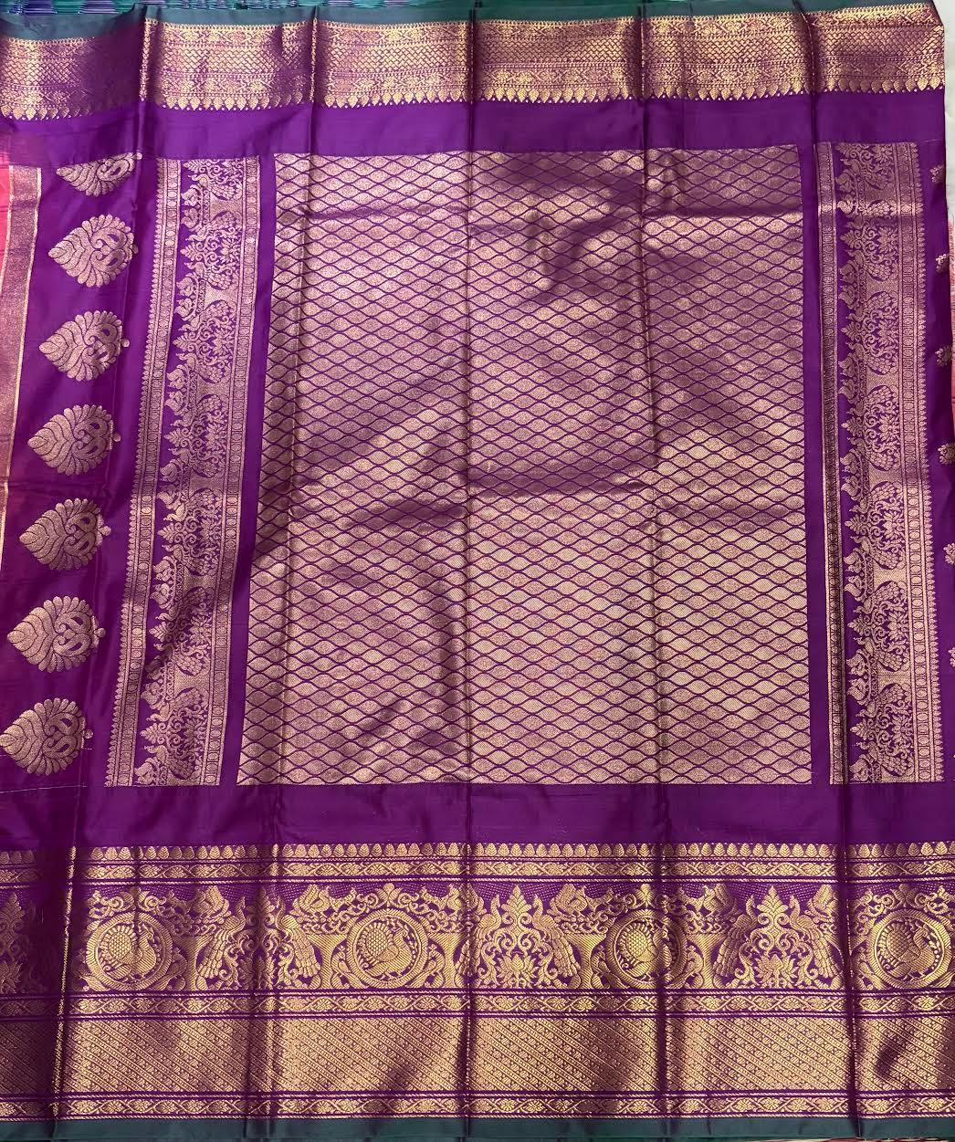PURE GADWAL SILK PINK BODY BUTTI LAVENDER PALLU BLUE BIG BORDER AND BLOUSE BLUE SAREE - pochampallysarees.com