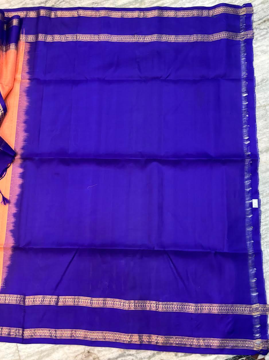 Classic Peach-Orange & Royal Blue Soft Silk Saree with Gold Zari Temple Border | Traditional Festive Wear with Rich Zari Pallu & Tassels - pochampallysarees.com