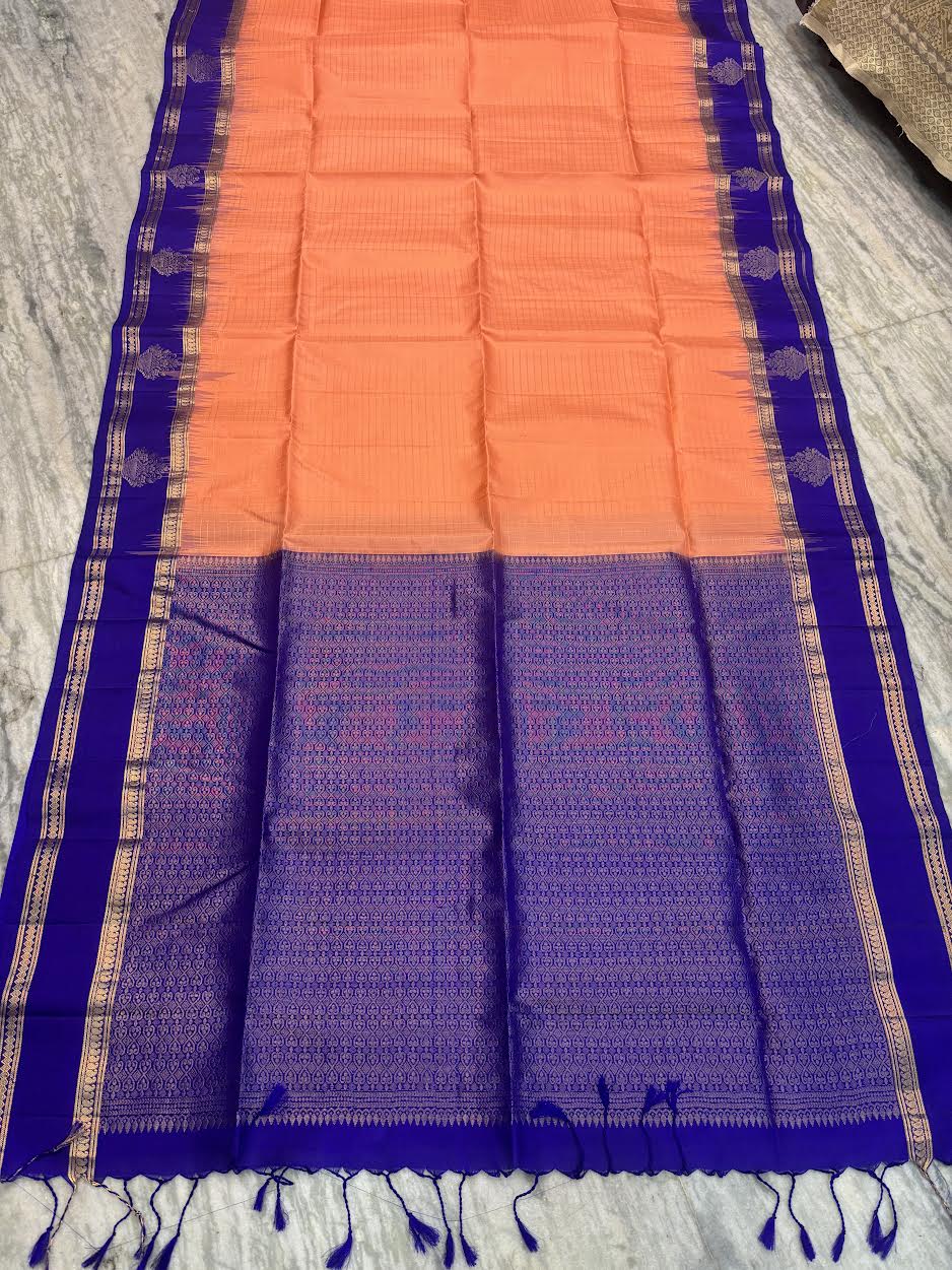 Classic Peach-Orange & Royal Blue Soft Silk Saree with Gold Zari Temple Border | Traditional Festive Wear with Rich Zari Pallu & Tassels - pochampallysarees.com