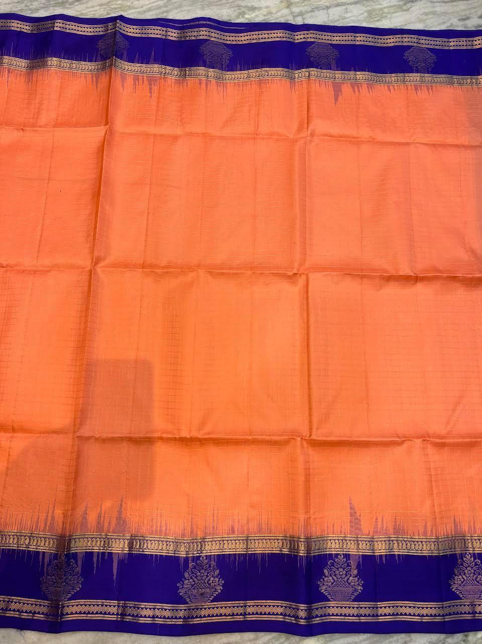 Classic Peach-Orange & Royal Blue Soft Silk Saree with Gold Zari Temple Border | Traditional Festive Wear with Rich Zari Pallu & Tassels - pochampallysarees.com
