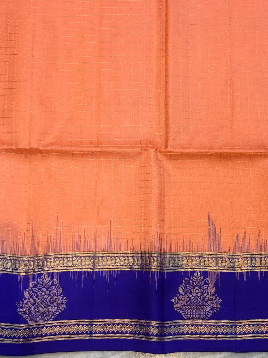 Classic Peach-Orange & Royal Blue Soft Silk Saree with Gold Zari Temple Border | Traditional Festive Wear with Rich Zari Pallu & Tassels - pochampallysarees.com