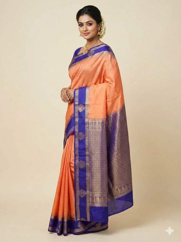 Classic Peach-Orange & Royal Blue Soft Silk Saree with Gold Zari Temple Border | Traditional Festive Wear with Rich Zari Pallu & Tassels - pochampallysarees.com