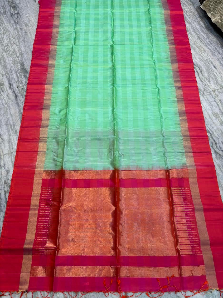 Elegant Pista Green & Coral Red Handloom Pure Silk Saree | Zari Striped Pallu & Contrast Border | Lightweight Traditional Festive Wear with Tassels - pochampallysarees.com