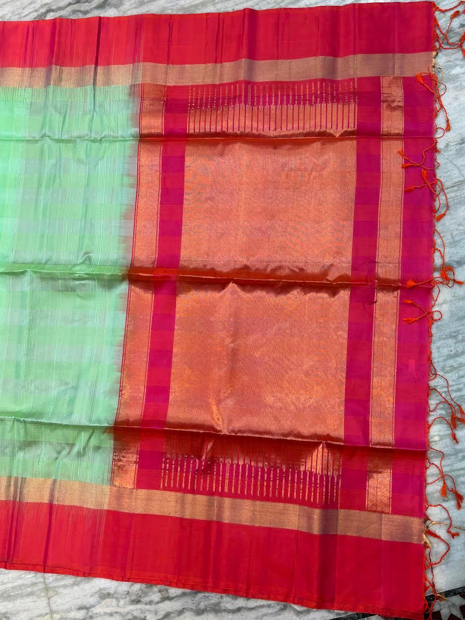 Elegant Pista Green & Coral Red Handloom Pure Silk Saree | Zari Striped Pallu & Contrast Border | Lightweight Traditional Festive Wear with Tassels - pochampallysarees.com