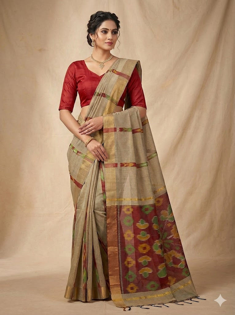 POCHAMPALLY IKKAT SICO CREAM SARI - pochampallysarees.com
